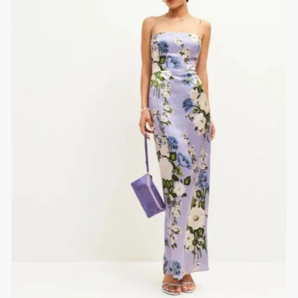 Reformation Frankie Silk Dress in Garden Soiree Purple White Floral Maxi - Picture 1 of 7